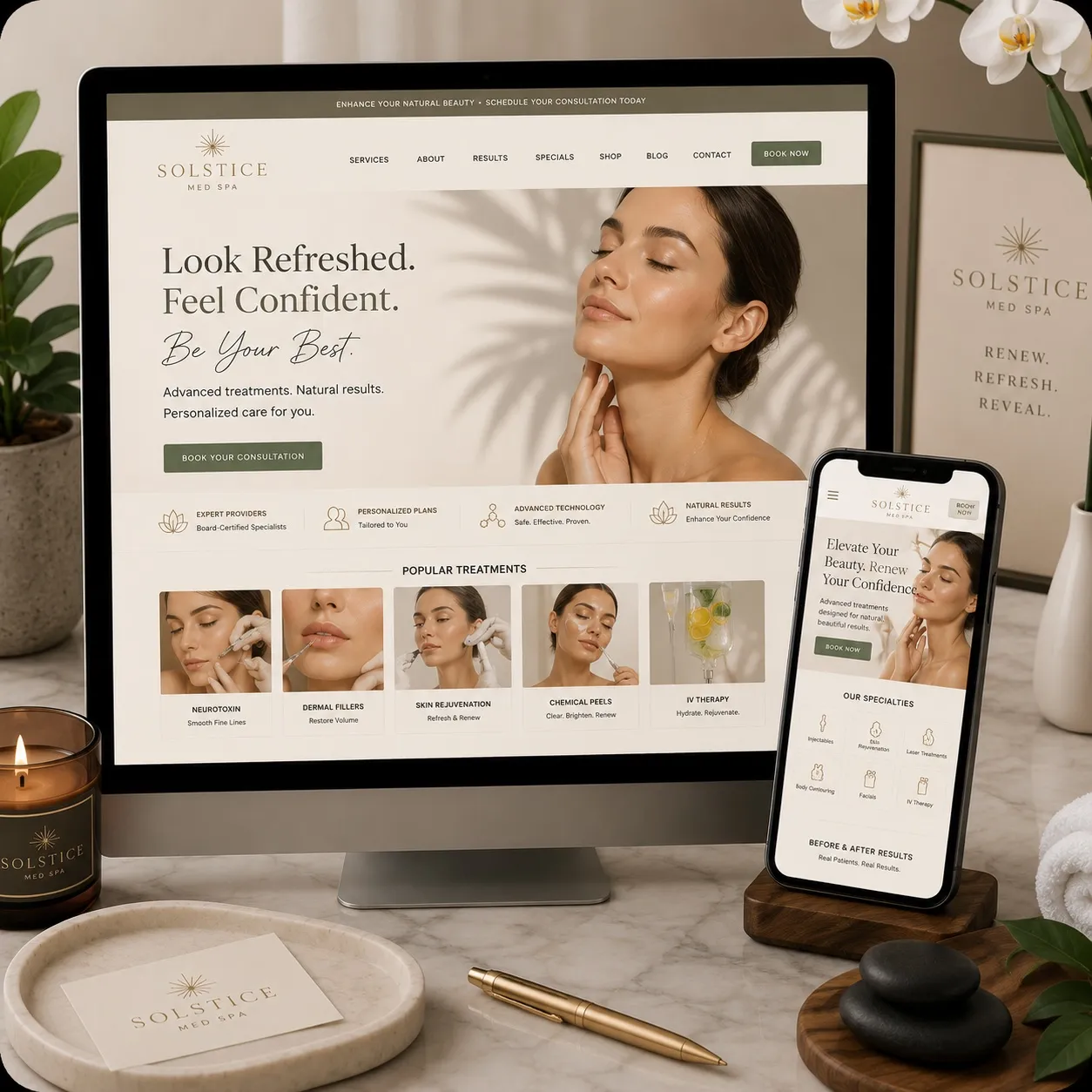 Spa website displayed on a computer and phone, featuring skincare treatments and serene design elements.